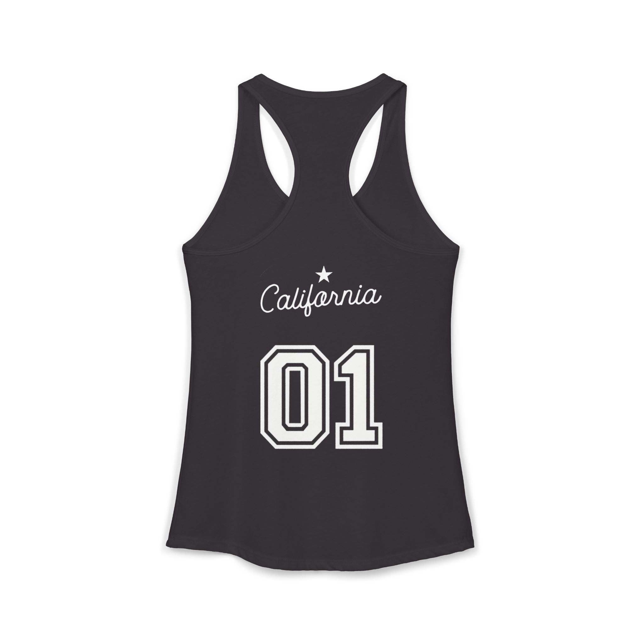 Black tank top with 'California 01' printed on a white background